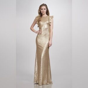 Theia Matte Gold Sequin Dress with Sleeves size 10